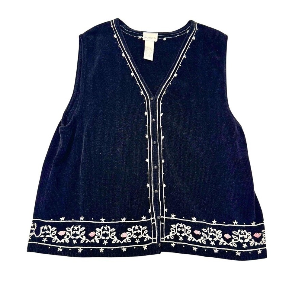 VTG Koret XL Black Knit Button Front Vest Floral Embroidery Rosette Cottage